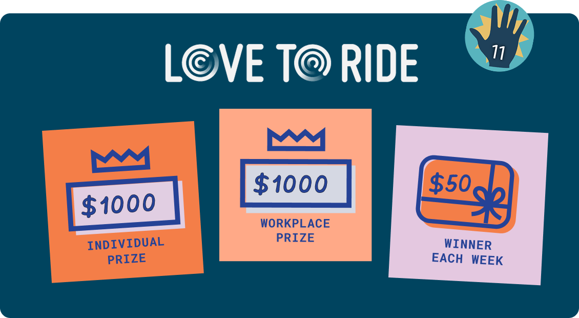 Love to Ride prizes: $1000 individual prize, $1000 workplace prize, $50 winner each week